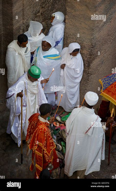 Ethiopian Pilgrims And Priests In Procession Celebrating Fasika At
