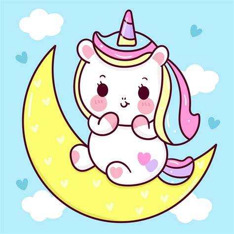 Cute Unicorn Cartoon Sleep On Sweet Moon Kawaii Animal In 2021