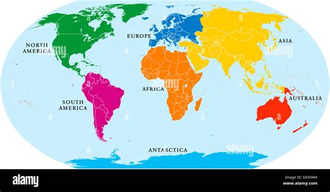 Seven Continents World Map Asia Africa North And South America Stock