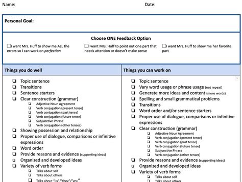 Writing Feedback Checklist — Emilyhuff