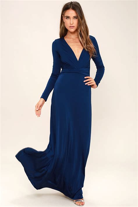 Lovely Navy Blue Dress Maxi Dress Long Sleeve Dress 6400 Lulus