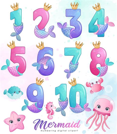 Cute Mermaid Numbering For Birthday Party Digital Clipart Set Etsy