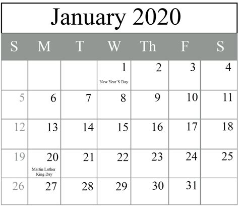 January 2020 Calendar With Holidays Organize Work Activities Free