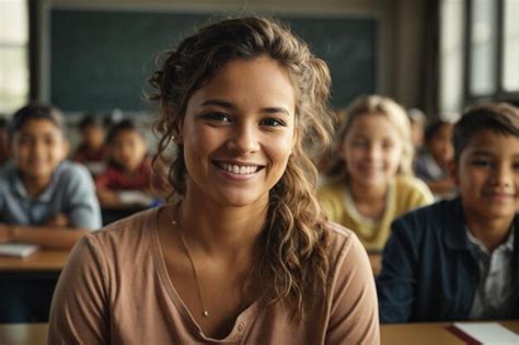 Premium Ai Image A Female Teacher Stands Proudly In Her Classroom Her