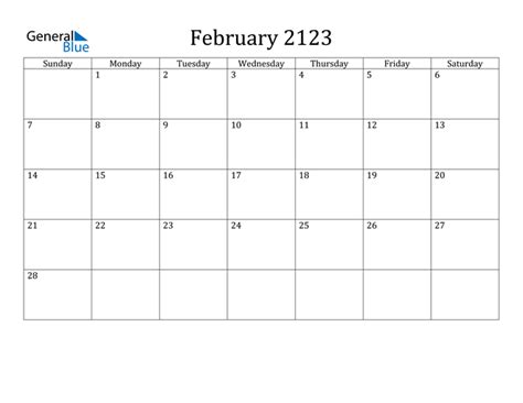 February 2123 Calendar Pdf Word Excel
