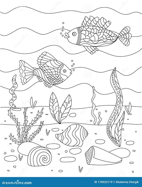 Vector Illustration With Algae Shell And Fish Sea Floor Cute