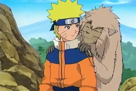 Naruto And His Cat Are Hugging In Front Of Some Rocks With Mountains In
