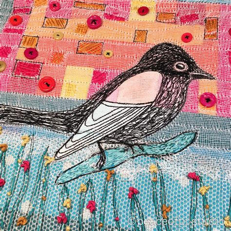 Peaceofpi Studio Blackbird Embellished Patchwork Art Quilt