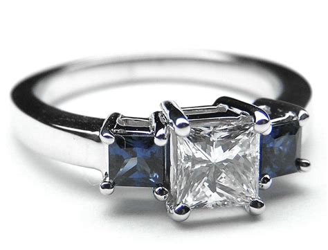 Engagement Ring Three Stone Princess Diamond Engagement Ring With Blue