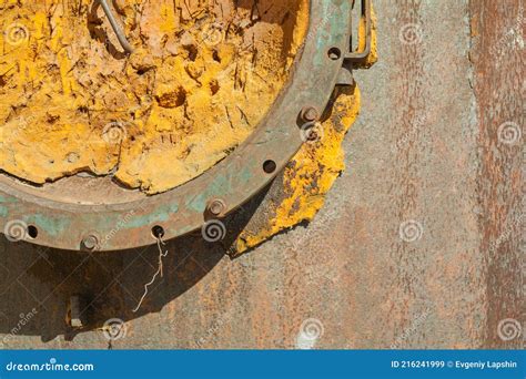 Round Metal Cover With Bolts Heavy Hatch Rusty And With Traces Of