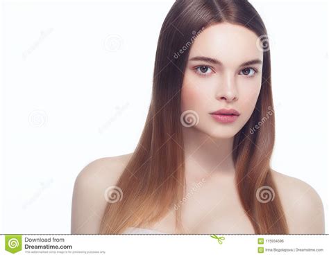 Beautiful Brunette Woman Portrait With Healthy Hair Clear Fresh Stock