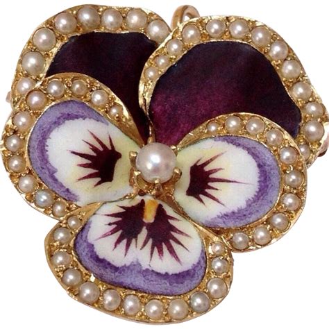 Antique 14k Gold Enamel Pearl Encrusted Pansy Pendant Brooch From