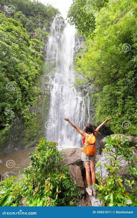 Happy Hiker Hawaii Tourists Hiking By Waterfall Stock Photo Image
