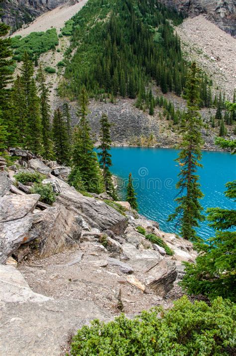 Moraine Lake In Cloudy Day In Summer In Banff National Park Stock Photo