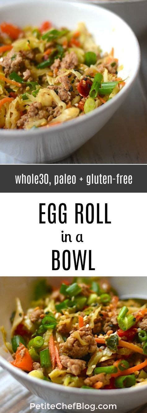 Egg roll filling is made mostly of shredded cabbage, various other vegetables such as carrots, mushrooms, and onions, and then ground or chopped meat, such as beef, pork, or chicken. Egg Roll in a Bowl - Whole30 + Paleo | Recipe | Paleo ...