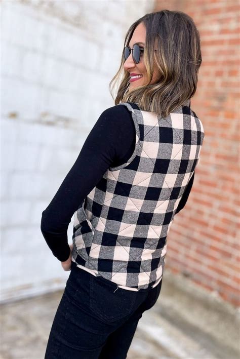 Black Buffalo Check Quilted Vest In 2022 Light Weight Sweater
