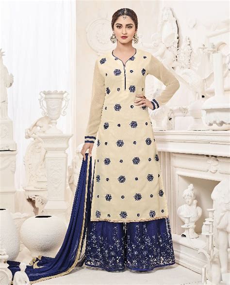 Cream Faux Georgette Palazzo Suit This Suit Is Beautified With Thread