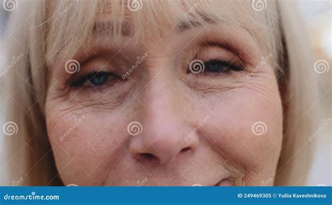 Close Up Elderly Female Face Blue Eyes Mature Smiling Woman Satisfied