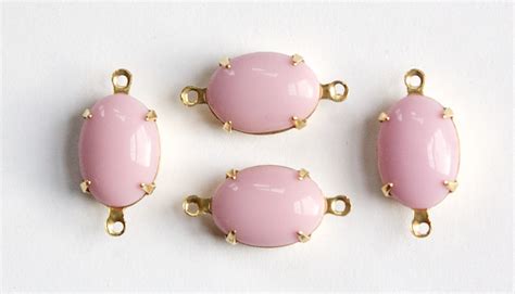Vintage Opaque Pink Stone In 2 Loop Brass Setting 14x10mm