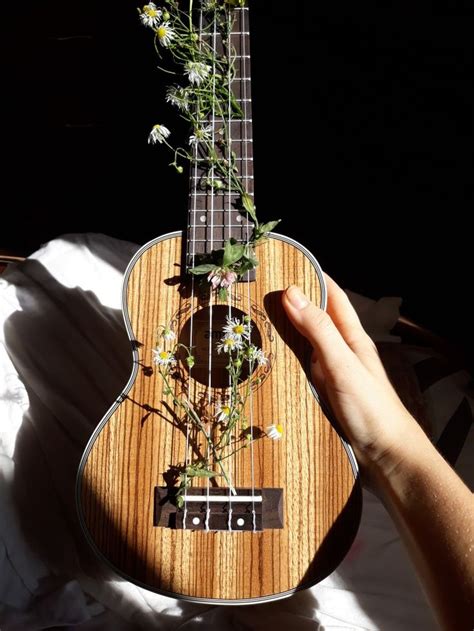 A Person Holding A Ukulele With Flowers In Its Neck And Strings