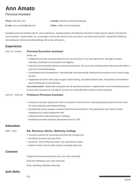 Personal Assistant Resume Sample Job Description Skills Resumetemplate Resumedesign
