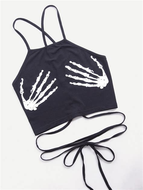 Shein Skeleton Hand Print Lace Up Cami Top Cami Tops Crochet Lace Tank Top Knitted Crop Tank Top