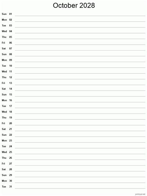 Printable October 2028 Calendar Single Column Notesheet