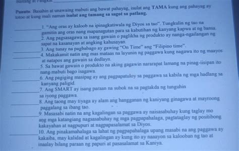 Panuto Basahin At Unawaing Mabuti Ang Bawat Pahayag Isulat Ang Tama