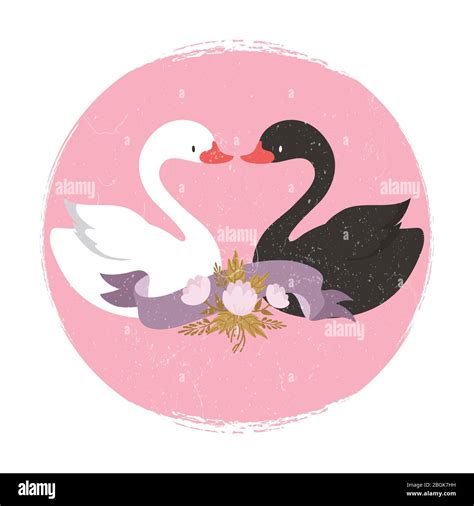 Two Cute Cartoon Character Swans In Liove Banner Interracial Love