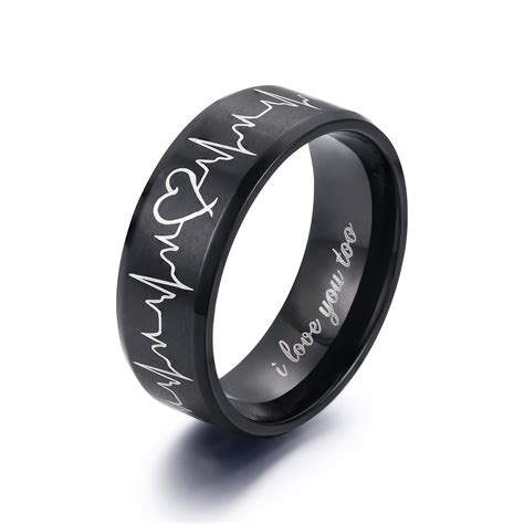 Heartbeat Rings For Couples Black Stainless Steel Couple Rings His