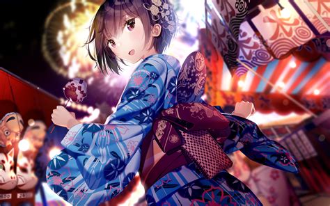 Download 1920x1200 Anime Girl Kimono Festival Smiling