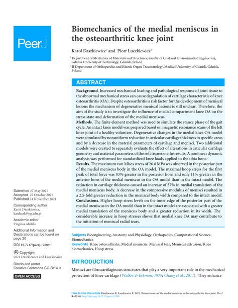 Pdf Biomechanics Of The Medial Meniscus In The Osteoarthritic Knee Joint