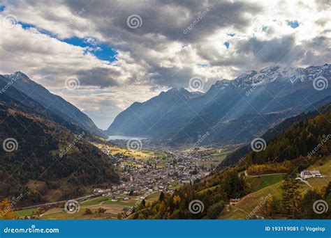 Aerial Panorama View Of Poschiavo Town In Valley With Swiss Alps And