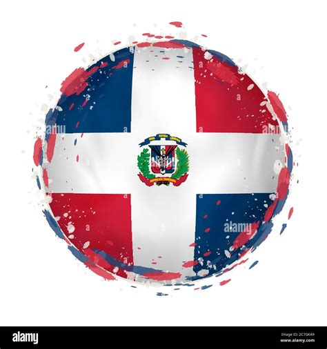 Round Grunge Flag Of Dominican Republic With Splashes In Flag Color