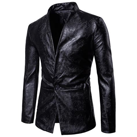 2021 Mens Black Suit Jackets Gothic Dark Embossed Leather Design