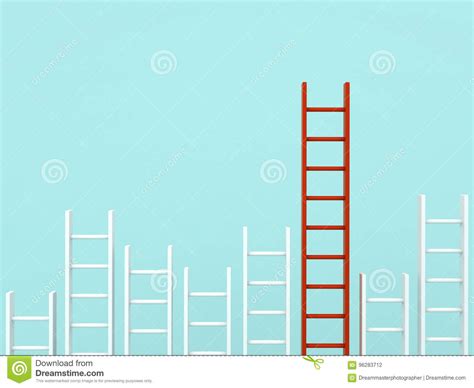 Longest Red Ladder Among Other Short White Ladders On Light Green Stock