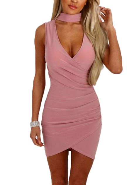 Sexy Dance Mini Dress For Women Bandage Choker V Neck Bodycon Evening Party Cocktail Sexy