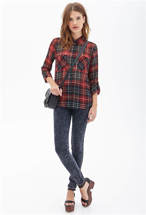 Lyst Forever 21 Tartan Plaid Chiffon Blouse In Red