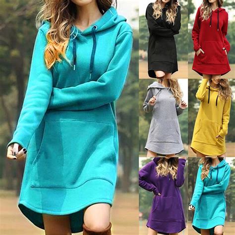 Buy Womens Long Sleeve Hooded Pockets Pullover Hoodie Dress Tunic