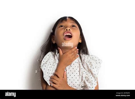 Asian Little Girl With Sore Throat Touching Her Necksore Throat Sick