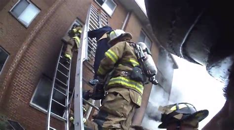 Helmet Cam Firefighters Rescue Women By Ground Ladder And Its Caught