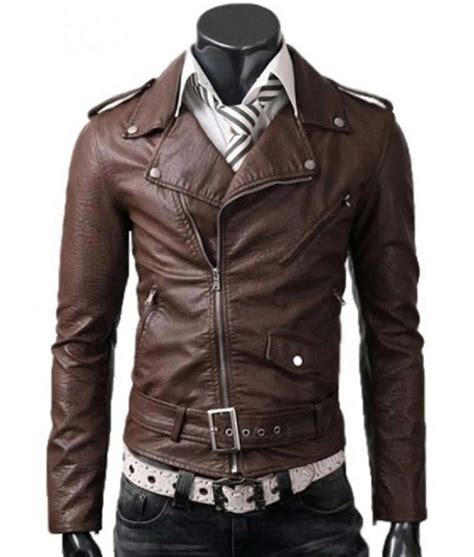 Mens Belted Asymmetrical Slim Fit Brown Leather Jacket Jackets Creator