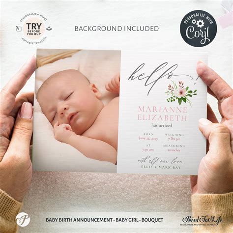 2 types of baby announcements. Editable Newborn Card | Baby Birth Announcement Template | Pink bouquet | Editable Baby Girl ...
