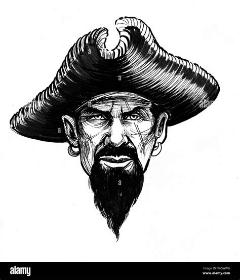 Pirate Captain Head Ink Black And White Illustration Stock Photo Alamy