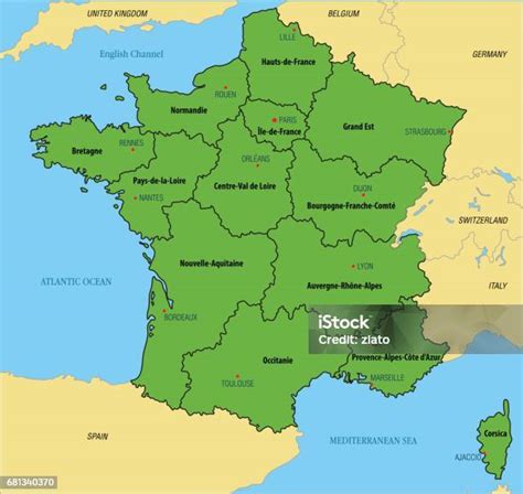 France Map With Regions And Their Capitals Stock Illustration