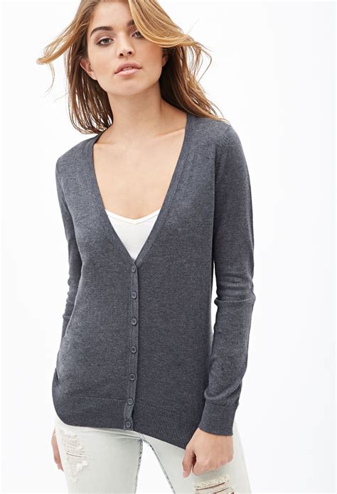 Forever 21 Classic V Neck Cardigan In Gray Charcoal Heather Lyst