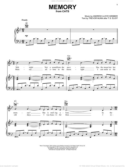 Webber Memory From Cats Sheet Music For Voice Piano Or Guitar