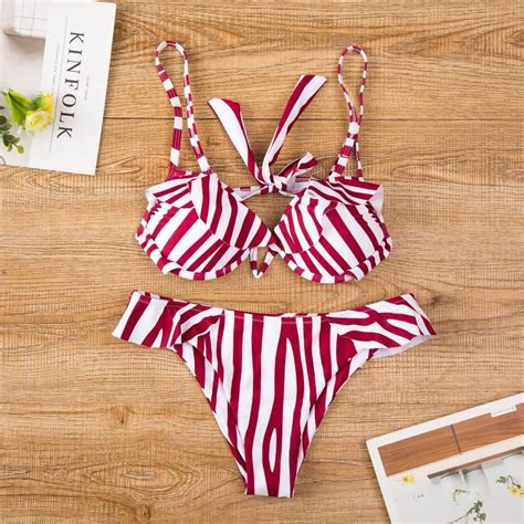2019 Striped Ruffled Bikini Brazilian Swimsuits With Underwire And Micro Thong For Women Sexy