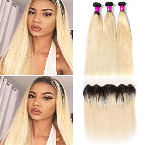 Tinashe Hair Ombre 1b 613 Blonde Straight 3 Bundles With Frontal Blonde