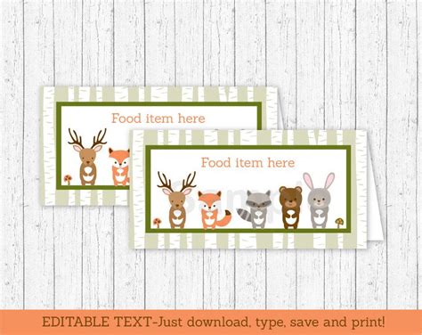 Woodland Tent Cards Food Labels Place Cards Woodland Baby Shower
